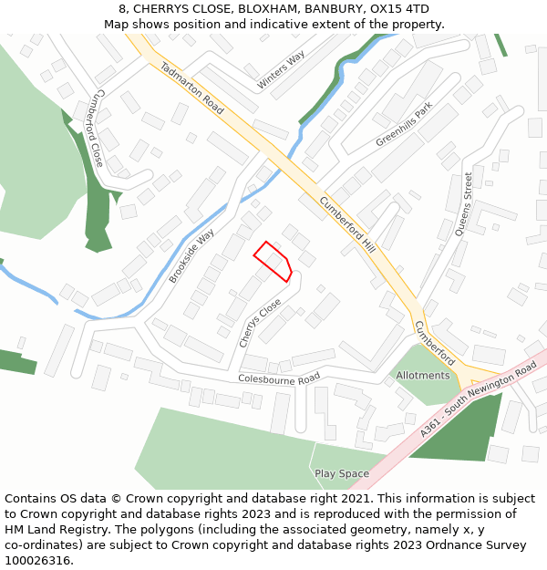 8, CHERRYS CLOSE, BLOXHAM, BANBURY, OX15 4TD: Location map and indicative extent of plot