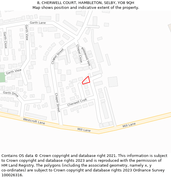 8, CHERWELL COURT, HAMBLETON, SELBY, YO8 9QH: Location map and indicative extent of plot