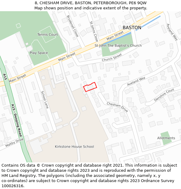 8, CHESHAM DRIVE, BASTON, PETERBOROUGH, PE6 9QW: Location map and indicative extent of plot