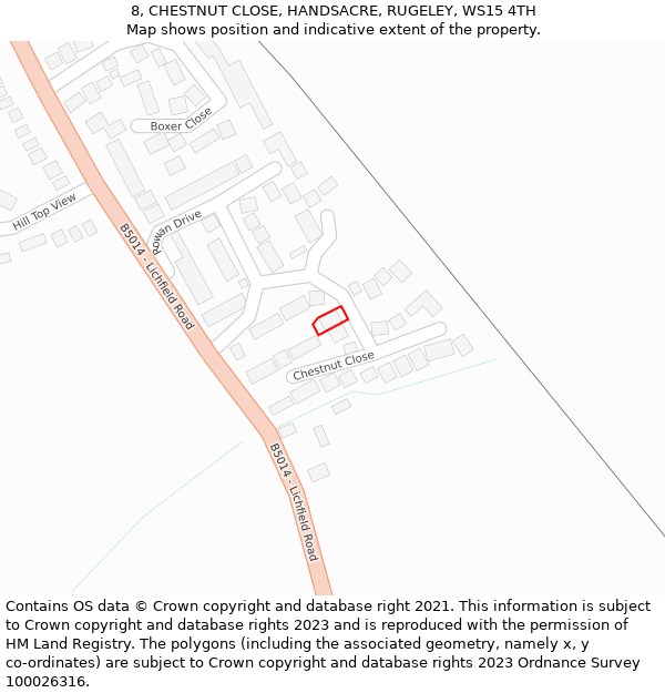 8, CHESTNUT CLOSE, HANDSACRE, RUGELEY, WS15 4TH: Location map and indicative extent of plot