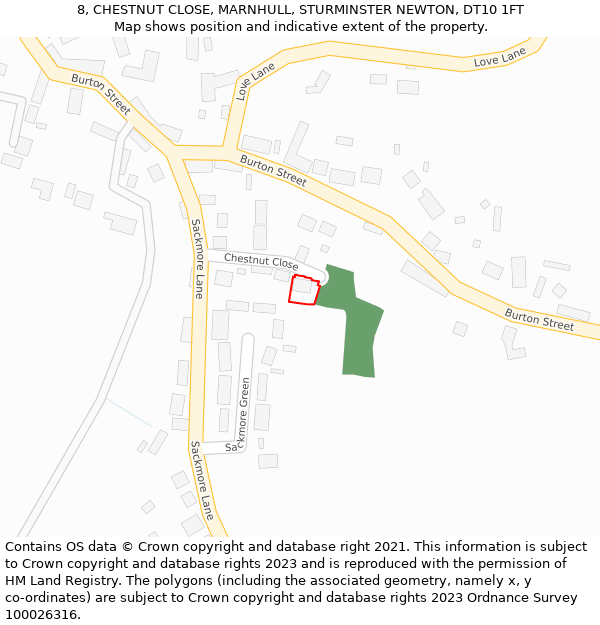 8, CHESTNUT CLOSE, MARNHULL, STURMINSTER NEWTON, DT10 1FT: Location map and indicative extent of plot