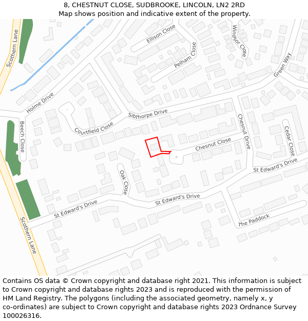 8, CHESTNUT CLOSE, SUDBROOKE, LINCOLN, LN2 2RD: Location map and indicative extent of plot