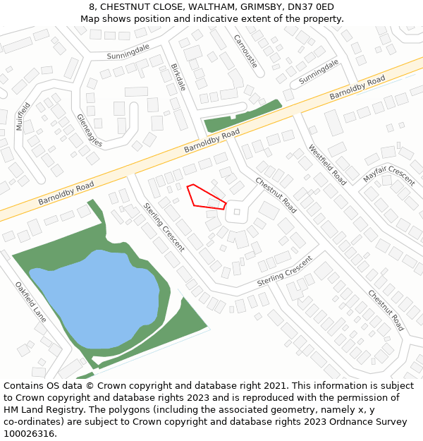 8, CHESTNUT CLOSE, WALTHAM, GRIMSBY, DN37 0ED: Location map and indicative extent of plot