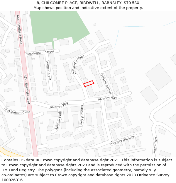 8, CHILCOMBE PLACE, BIRDWELL, BARNSLEY, S70 5SX: Location map and indicative extent of plot