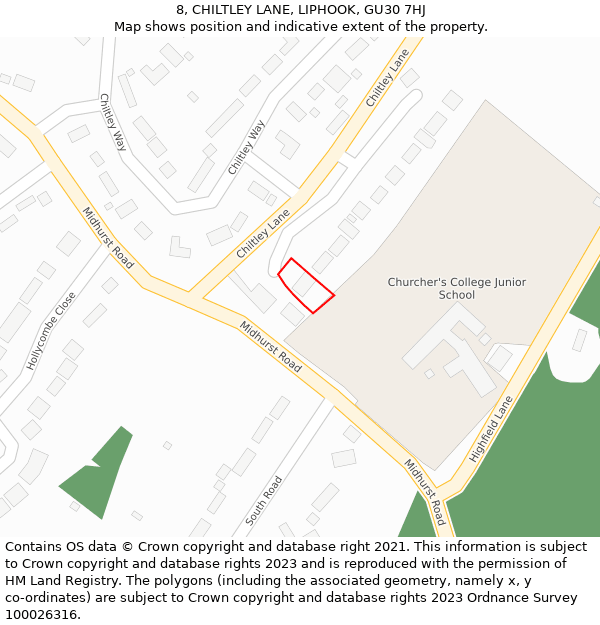 8, CHILTLEY LANE, LIPHOOK, GU30 7HJ: Location map and indicative extent of plot