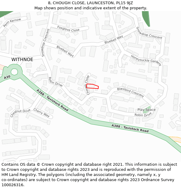 8, CHOUGH CLOSE, LAUNCESTON, PL15 9JZ: Location map and indicative extent of plot