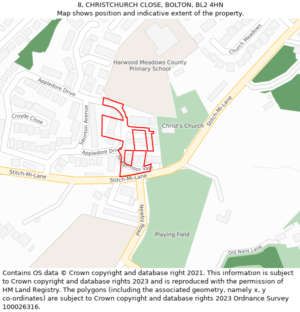 8, CHRISTCHURCH CLOSE, BOLTON, BL2 4HN: Location map and indicative extent of plot