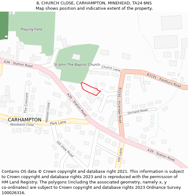 8, CHURCH CLOSE, CARHAMPTON, MINEHEAD, TA24 6NS: Location map and indicative extent of plot