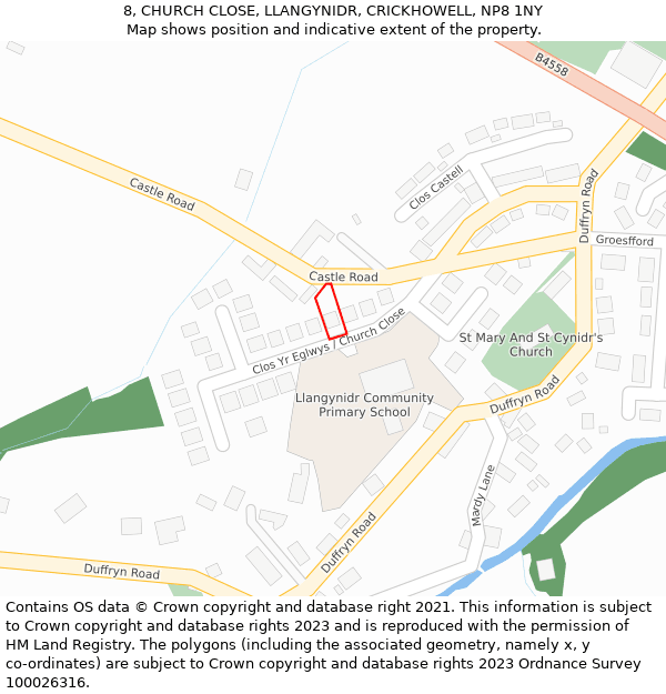 8, CHURCH CLOSE, LLANGYNIDR, CRICKHOWELL, NP8 1NY: Location map and indicative extent of plot