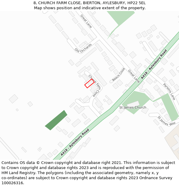 8, CHURCH FARM CLOSE, BIERTON, AYLESBURY, HP22 5EL: Location map and indicative extent of plot