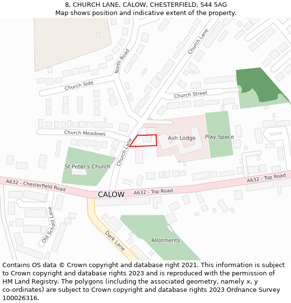 8, CHURCH LANE, CALOW, CHESTERFIELD, S44 5AG: Location map and indicative extent of plot