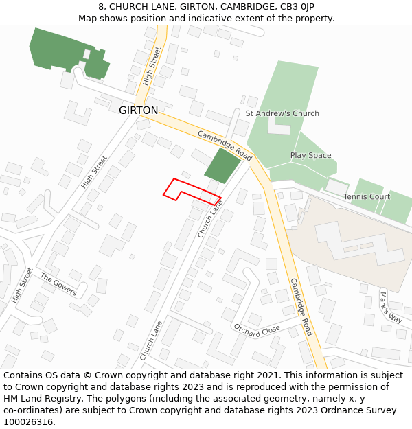 8, CHURCH LANE, GIRTON, CAMBRIDGE, CB3 0JP: Location map and indicative extent of plot