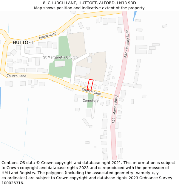 8, CHURCH LANE, HUTTOFT, ALFORD, LN13 9RD: Location map and indicative extent of plot
