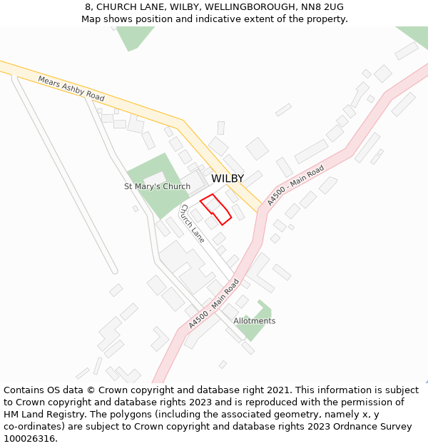 8, CHURCH LANE, WILBY, WELLINGBOROUGH, NN8 2UG: Location map and indicative extent of plot