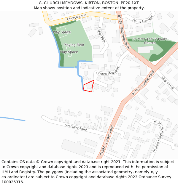 8, CHURCH MEADOWS, KIRTON, BOSTON, PE20 1XT: Location map and indicative extent of plot