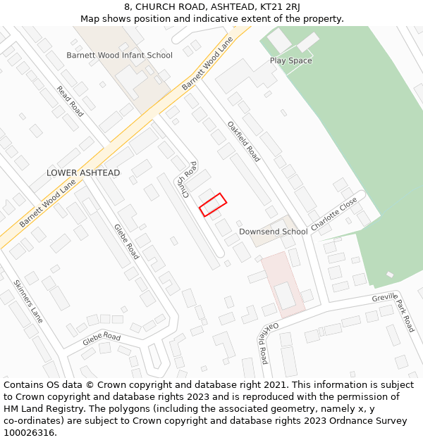 8, CHURCH ROAD, ASHTEAD, KT21 2RJ: Location map and indicative extent of plot