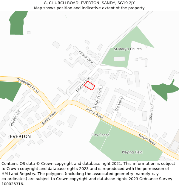 8, CHURCH ROAD, EVERTON, SANDY, SG19 2JY: Location map and indicative extent of plot