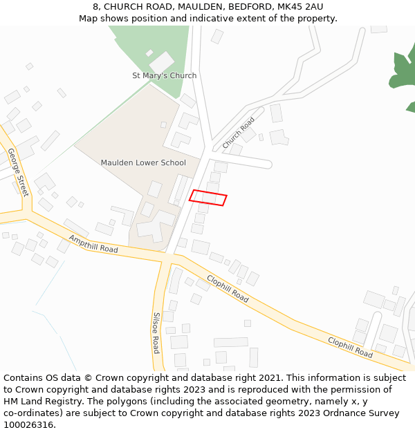 8, CHURCH ROAD, MAULDEN, BEDFORD, MK45 2AU: Location map and indicative extent of plot