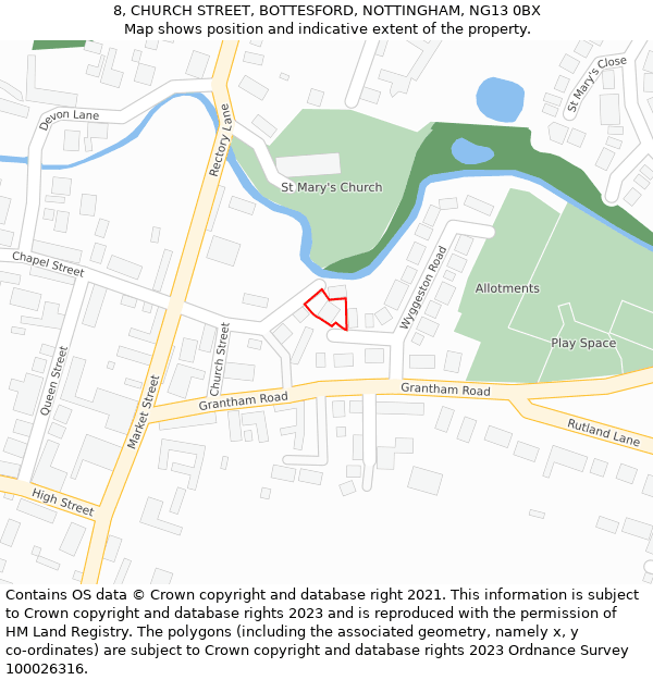8, CHURCH STREET, BOTTESFORD, NOTTINGHAM, NG13 0BX: Location map and indicative extent of plot