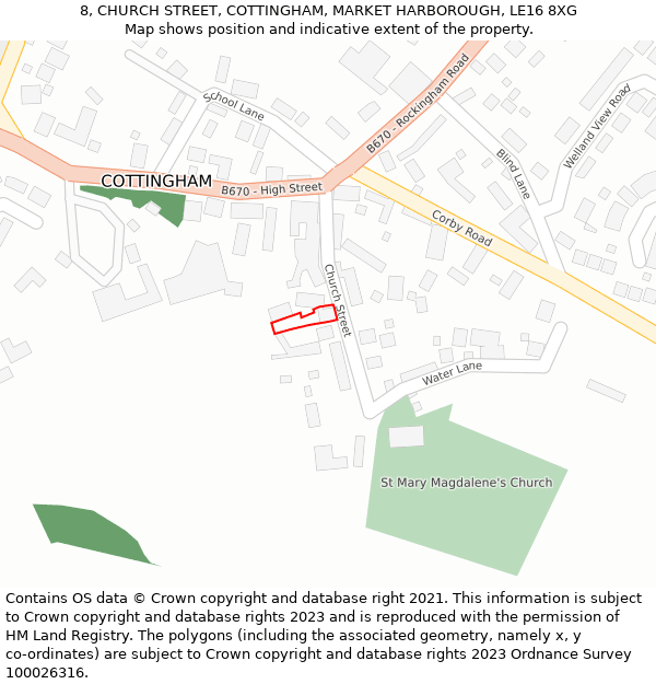 8, CHURCH STREET, COTTINGHAM, MARKET HARBOROUGH, LE16 8XG: Location map and indicative extent of plot