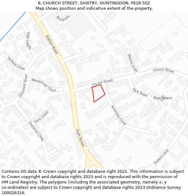8, CHURCH STREET, SAWTRY, HUNTINGDON, PE28 5SZ: Location map and indicative extent of plot