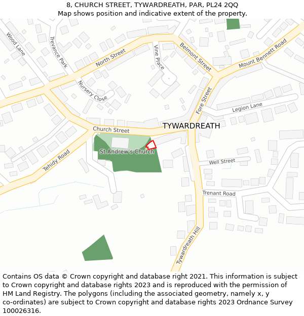 8, CHURCH STREET, TYWARDREATH, PAR, PL24 2QQ: Location map and indicative extent of plot