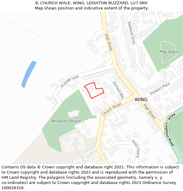 8, CHURCH WALK, WING, LEIGHTON BUZZARD, LU7 0NX: Location map and indicative extent of plot