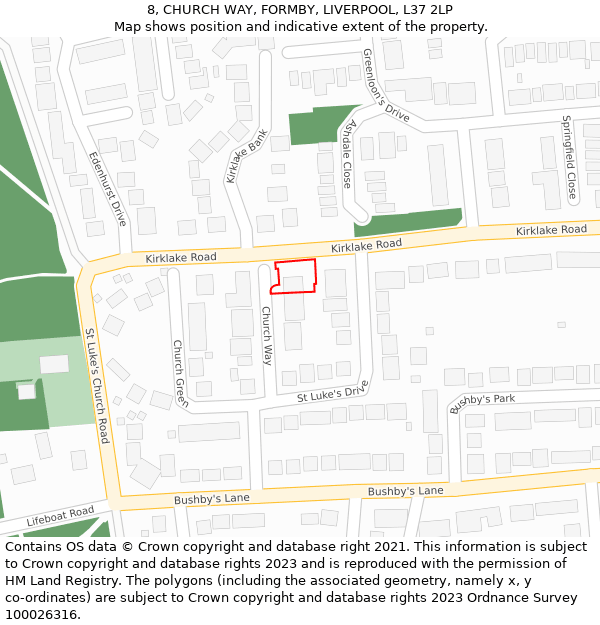 8, CHURCH WAY, FORMBY, LIVERPOOL, L37 2LP: Location map and indicative extent of plot