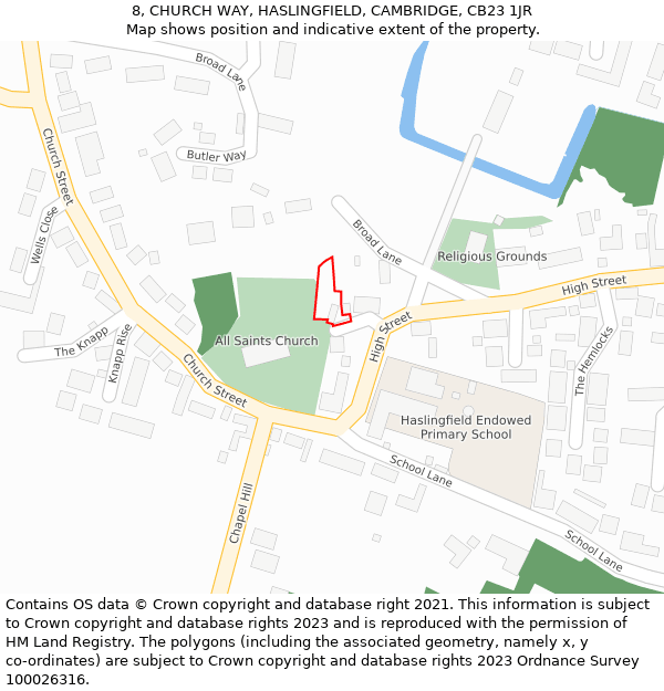8, CHURCH WAY, HASLINGFIELD, CAMBRIDGE, CB23 1JR: Location map and indicative extent of plot
