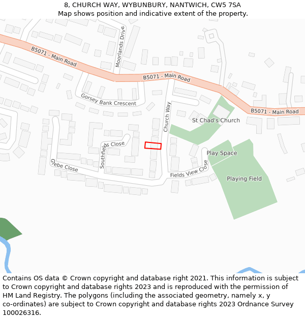 8, CHURCH WAY, WYBUNBURY, NANTWICH, CW5 7SA: Location map and indicative extent of plot