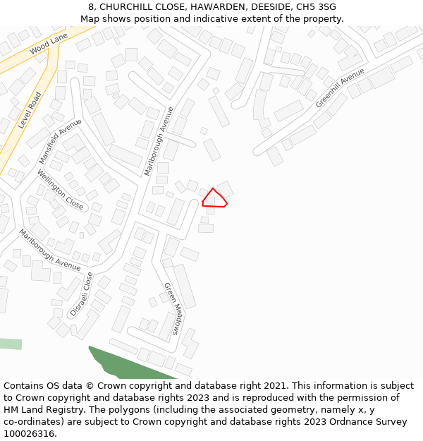 8, CHURCHILL CLOSE, HAWARDEN, DEESIDE, CH5 3SG: Location map and indicative extent of plot