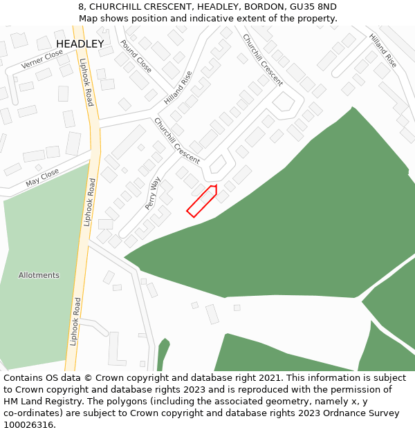 8, CHURCHILL CRESCENT, HEADLEY, BORDON, GU35 8ND: Location map and indicative extent of plot