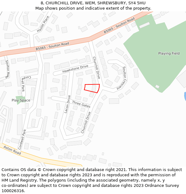 8, CHURCHILL DRIVE, WEM, SHREWSBURY, SY4 5HU: Location map and indicative extent of plot