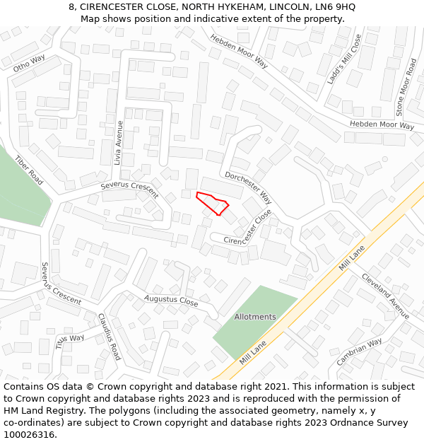 8, CIRENCESTER CLOSE, NORTH HYKEHAM, LINCOLN, LN6 9HQ: Location map and indicative extent of plot