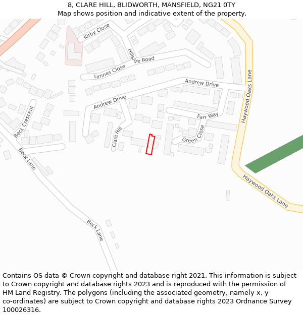 8, CLARE HILL, BLIDWORTH, MANSFIELD, NG21 0TY: Location map and indicative extent of plot