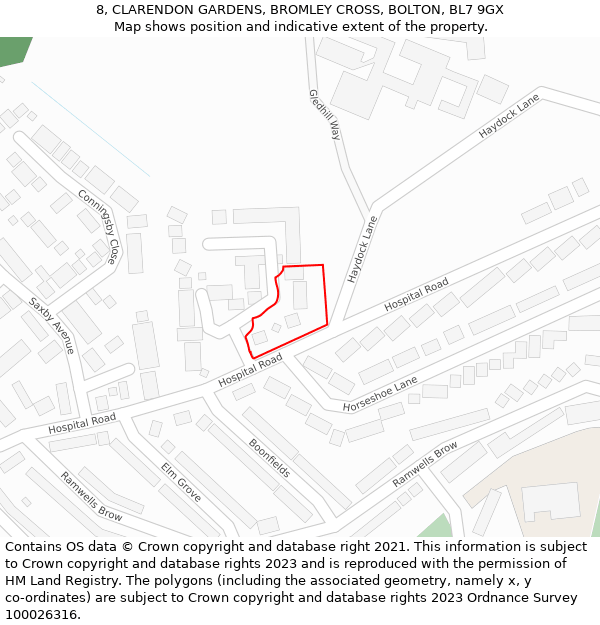 8, CLARENDON GARDENS, BROMLEY CROSS, BOLTON, BL7 9GX: Location map and indicative extent of plot