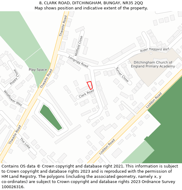 8, CLARK ROAD, DITCHINGHAM, BUNGAY, NR35 2QQ: Location map and indicative extent of plot