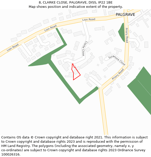 8, CLARKE CLOSE, PALGRAVE, DISS, IP22 1BE: Location map and indicative extent of plot
