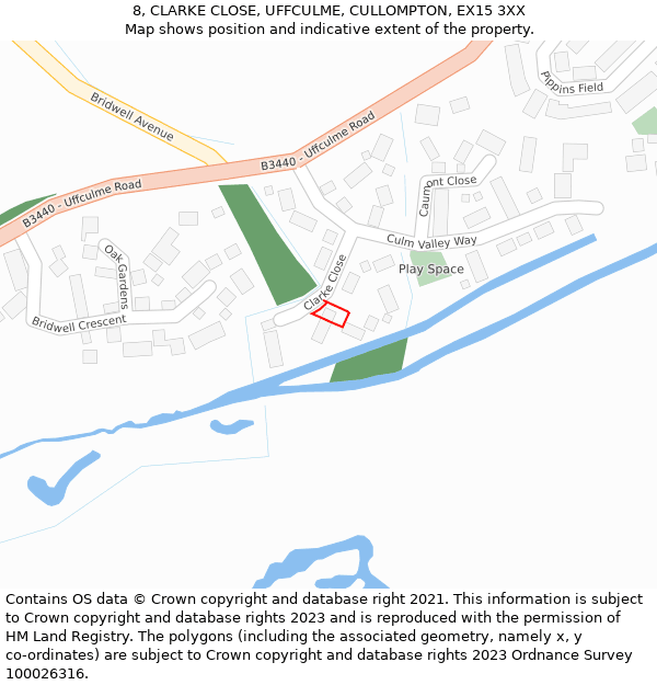 8, CLARKE CLOSE, UFFCULME, CULLOMPTON, EX15 3XX: Location map and indicative extent of plot