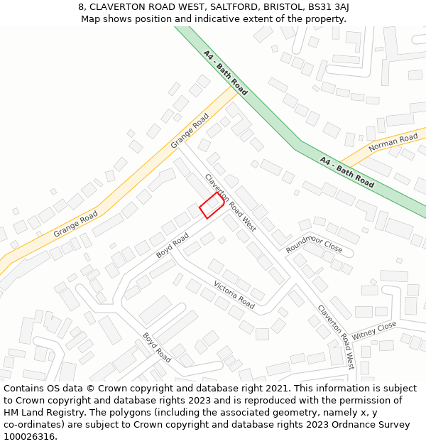 8, CLAVERTON ROAD WEST, SALTFORD, BRISTOL, BS31 3AJ: Location map and indicative extent of plot