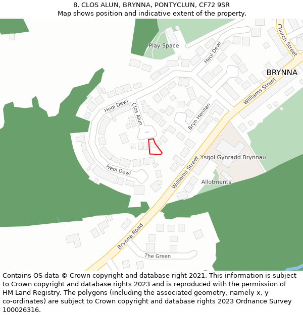 8, CLOS ALUN, BRYNNA, PONTYCLUN, CF72 9SR: Location map and indicative extent of plot