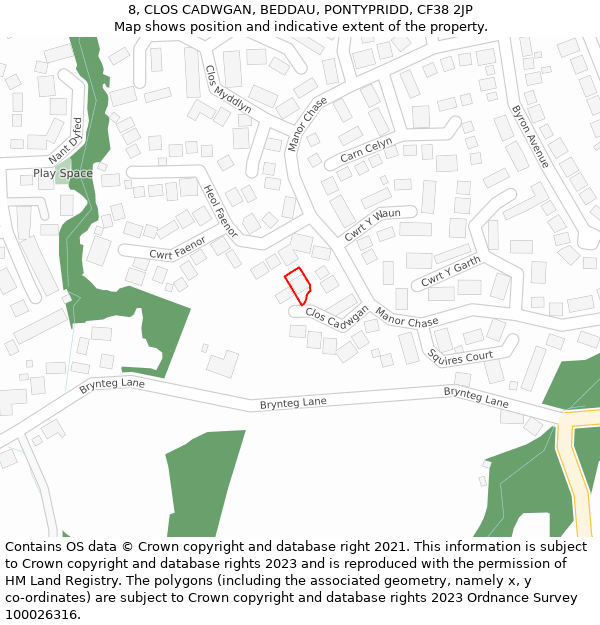 8, CLOS CADWGAN, BEDDAU, PONTYPRIDD, CF38 2JP: Location map and indicative extent of plot