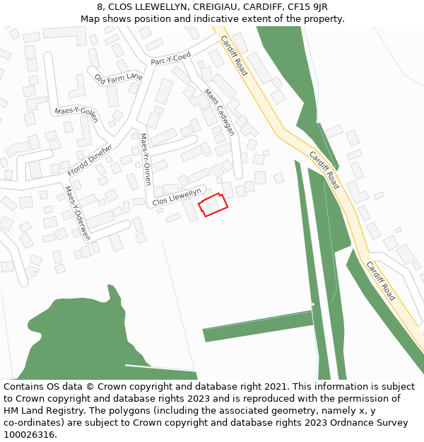 8, CLOS LLEWELLYN, CREIGIAU, CARDIFF, CF15 9JR: Location map and indicative extent of plot