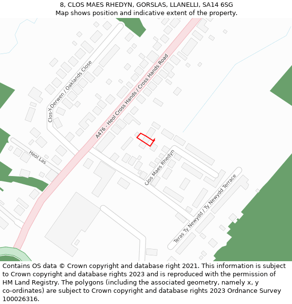 8, CLOS MAES RHEDYN, GORSLAS, LLANELLI, SA14 6SG: Location map and indicative extent of plot