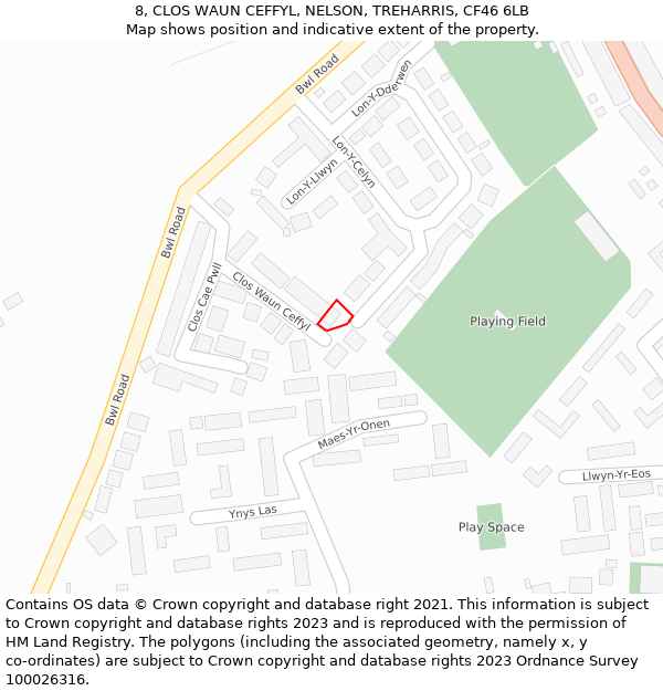 8, CLOS WAUN CEFFYL, NELSON, TREHARRIS, CF46 6LB: Location map and indicative extent of plot