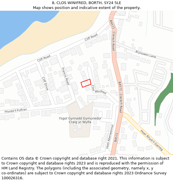 8, CLOS WINIFRED, BORTH, SY24 5LE: Location map and indicative extent of plot