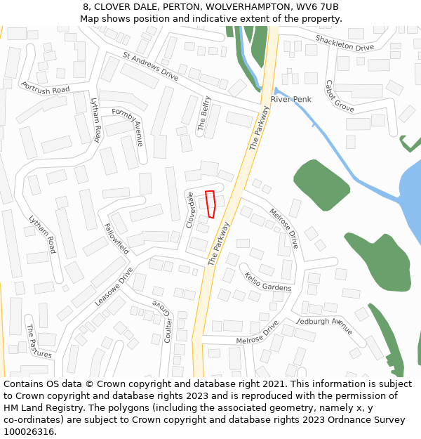 8, CLOVER DALE, PERTON, WOLVERHAMPTON, WV6 7UB: Location map and indicative extent of plot