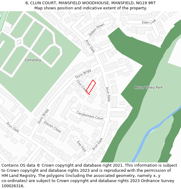 8, CLUN COURT, MANSFIELD WOODHOUSE, MANSFIELD, NG19 9RT: Location map and indicative extent of plot