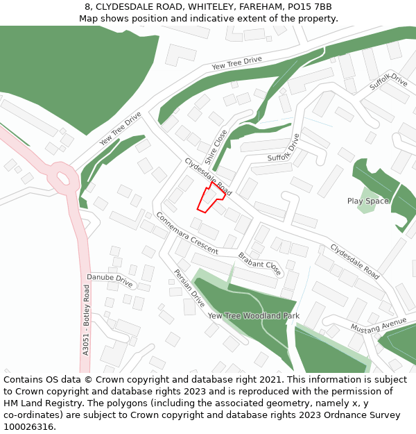 8, CLYDESDALE ROAD, WHITELEY, FAREHAM, PO15 7BB: Location map and indicative extent of plot