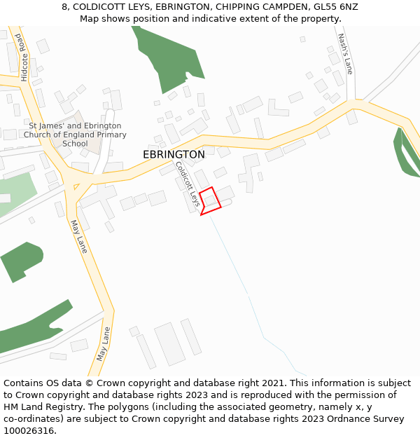 8, COLDICOTT LEYS, EBRINGTON, CHIPPING CAMPDEN, GL55 6NZ: Location map and indicative extent of plot